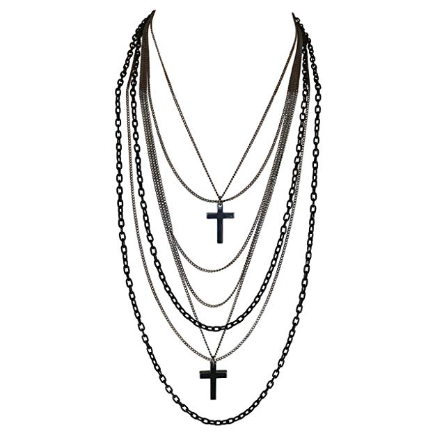 Multilayer Black and Gunmetal Chains and Crosses 80's Gothic Retro Long Fashion Necklace