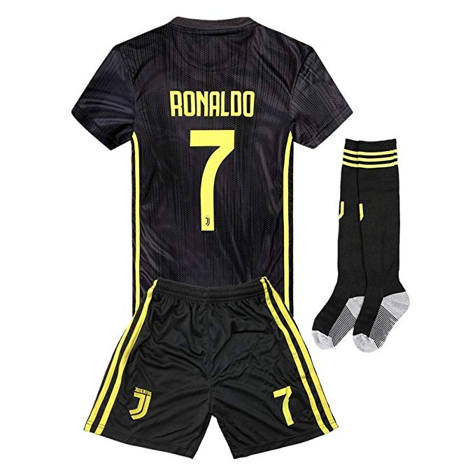 2018-2019 Away Home C Ronaldo #7 Juventus Kids Youth Soccer Jersey & Shorts & Socks Black