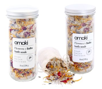 Flowers and Salts Bath Soak Gift Set 2 8oz Jar- Blend of Epsom and Dead Sea Salt - Infused with Lavender Essential Oil and Dried Rose Petals Lavender Calenlular and Chamomile Flowers