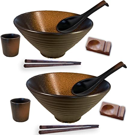 BETTER LIVIN 10-Pc Glazed Ceramic Ramen Bowl Set (60oz) with 2 Japanese Bowls and Spoons, 2 Wood Chopsticks, 2 Spoon Holders, 2 Asian Tea Cups - Microwave, Freezer & Dishwasher Safe for Noodles-Black