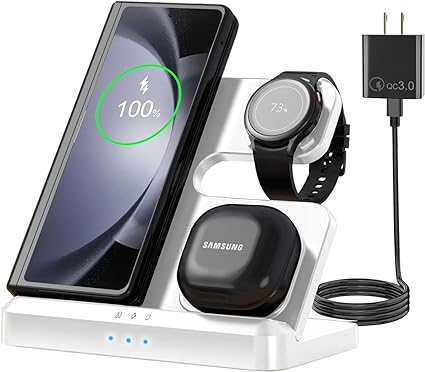 Wireless Charger for Samsung,3 in 1 Fast Wireless Charging Station for Samsung Galaxy S24 S23 Ultra S22 S21 Z Fold5/4 Z Flip5/4,Wireless Watch Charger Galaxy Watch 6 Classic 5pro/4,Galaxy Buds White