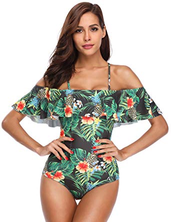 MarinaVida Women One Piece Ruffle Swimsuit Off Shoulder Bathing Suit