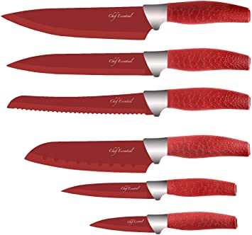 Chef Essential 6 Piece Knife Set With Matching Sheaths, Red