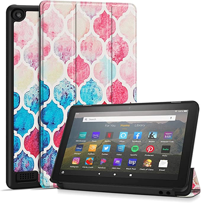 TNP Case Cover for Amazon Kindle Fire 7 Tablet 9th & 7th Generation, Smart Slim PU Leather Protective Sleeve with Auto Sleep/Wake, Flip Stand f/ 7-Inch Display 2019 2017 Release Gen (Pastel Moroccan)