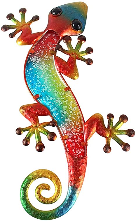 Liffy Metal Gecko Outdoor Wall Decor Lizard Garden Art Red Hanging Glass Decorations for Patio or Fence, 15.2 Inches Long