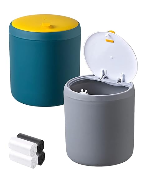 Golbylicc 2PC Small Trash Can with Lid Come with 4 Rolls of Trash Bags, Tiny Table Desk Top Trash Can, Cute Mini Countertop Trash can for Bathroom, Kitchen, Bedroom, Office (2L/0.5Gal, Blue Grey)