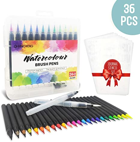 36 PCS Watercolour Brush Pen and Journal Stencils Set, Including 24 Colours Watercolour Brush Pens 2 Water Brush Pens 10 Journal Stencils for Colouring, Journal, Coloring Books, Manga