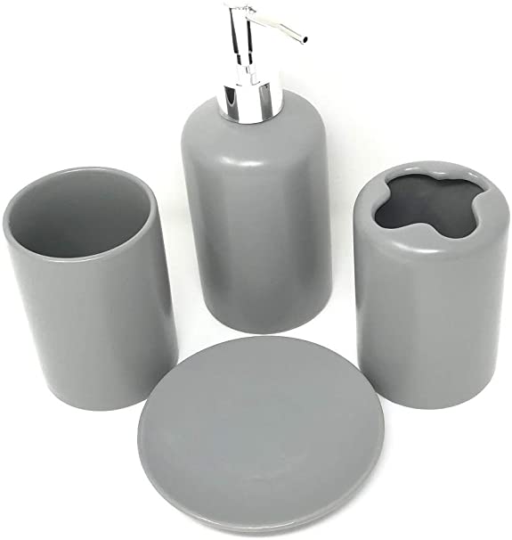 WPM 4 Piece Ceramic Bath Accessory Set | Includes Bathroom Designer Soap or Lotion Dispenser w/Toothbrush Holder, Tumbler, Soap Dish Silver Grey