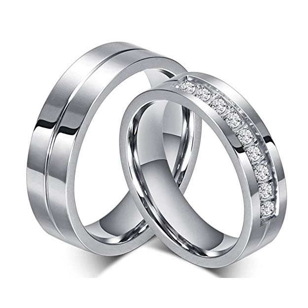 ROWAG 6MM Men Titanium Stainless Steel Promise Engagement Couple Wedding Bands for Him and Her Women Cubic Zirconia CZ Rings