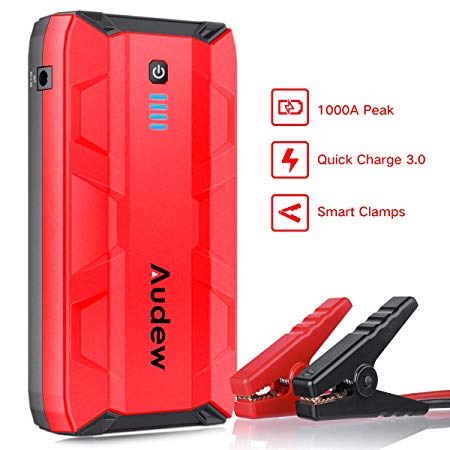 Audew 1000A Peak Car Jump Starter (Up to 8.0L Gas or 7.0L Diesel Engine) Portable Jump Pack, Auto Battery Booster, 12V Car Jumper with Dual USB Ports and Flashlight