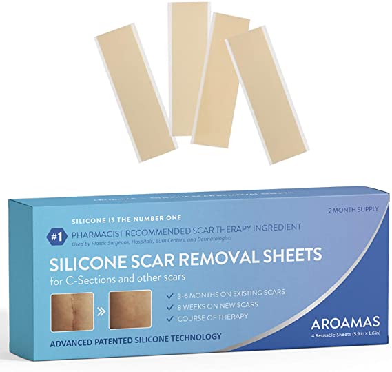 Aroamas Professional Silicone Scar Removal Sheets for Scars Caused by C-Section, Surgery, Burn, Keloid, Acne, and more, Soft Adhesive Fabric Strips, Drug-Free, 5.7"×1.57”, 4 Reusable pcs (2 Month Supp