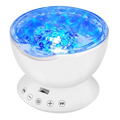 Ocean Wave Projector Night Light Lamp With Built-in Music Player and Remote Control, GRDE Bedroom Living Room Decoration Lamp for Kids and Adult (White)