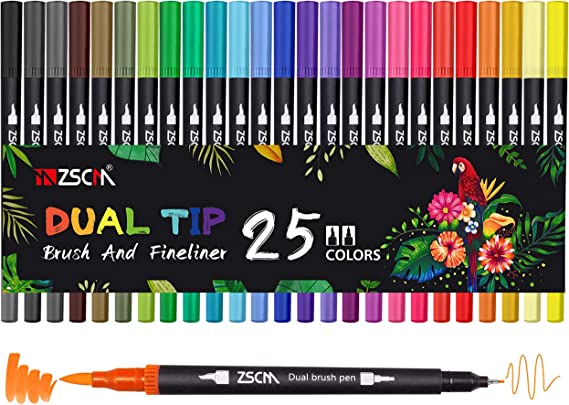 Dual Brush Colored Pens Art Markers, ZSCM 25 Colors Fine&Brush Tip Coloring Markers for Kids Adult Coloring Books Drawing Bullet Journal Planner Calendar Art Projects School Supplies Halloween