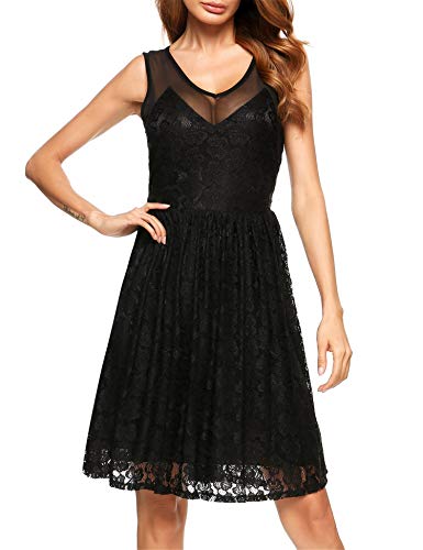 Beyove Women's A-Line Pleated Sleeveless Little Cocktail Party Dress with Floral Lace