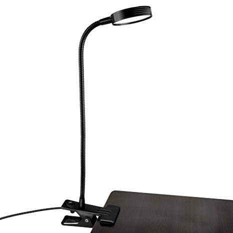 Akaho Desk Lamp, Dimmable LED Desk Lamp with USB Charger, Two Modes Brightness, Flexible Gooseneck, Portable Clip Clamp Lamp Suitable for Table and Bed Headboard - Black