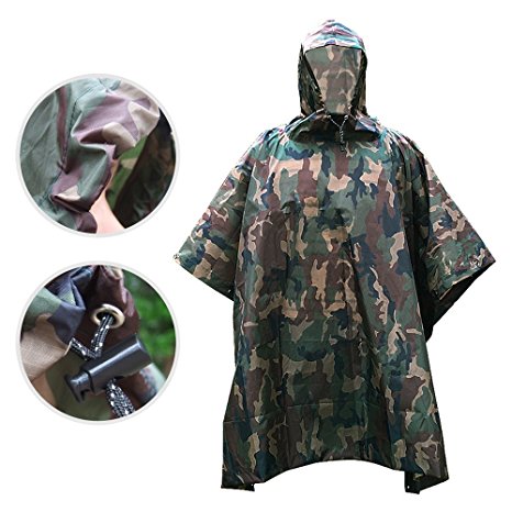 Poncho military iRegro Outdoor Lightweight Portable Multi-functional Waterproof Hooded Raincoat Poncho for Camping Hunting Hiking Riding (Arm green)