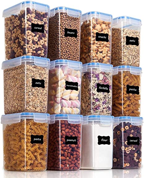 Vtopmart 1.6L Cereal Containers for Storage,Plastic BPA Free Kitchen Pantry Flour Storage,Dry Food Keepers,Set of 12 with 24 Labels (Blue)