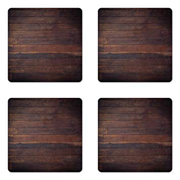 Ambesonne Chocolate Coaster Set of Four, Aged Weathered Dark Timber Oak Wooden Planks Floor Image Country Life Carpentry, Square Hardboard Gloss Coasters for Drinks, Dark Brown