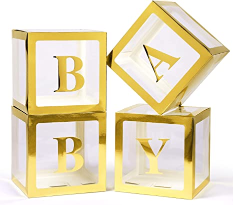 Voircoloria Baby Boxes with Letters for Baby Shower, 4 Transparent Balloon Boxes with Letters for Gender Reveal Birthday Wedding Baby Shower Decorations (Gold)