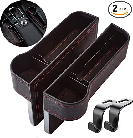 Car Seat Gap Filler Organizer Between Front seat car Organizer and Storage Box, Auto Premium PU Leather Console with car seat gap organizer, Car Pocket for Interior Essentials (for 2 Side) (2 Hook)