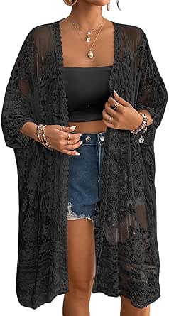 Bsubseach Cover Ups for Swimwear Women Open Front Lace Kimono Cardigan Swimsuit Coverup Sheer Beach Dress