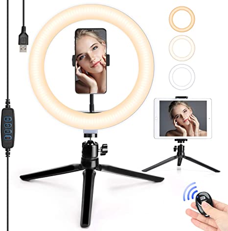 JACKYLED 10" Selfie Ring Light with 2 Tripod Stand & 2 Phone Holder for Makeup Live Stream Dimmable Ring Light Kit Remote Shutter for Photography Compatible for iPad/iPhone/Android