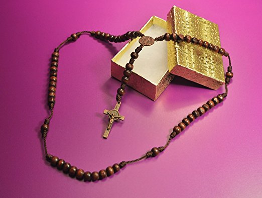 St. Benedict Round Wood Beads & Brown Cord Rosary Blessed By Pope Francis and Handmade By Nuns