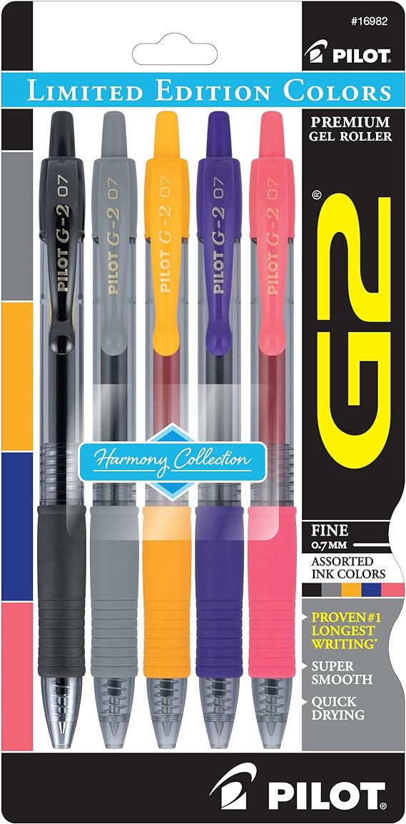 PILOT G2 Harmony Ink Collection Limited Edition Retractable Gel Pens, 0.7mm, Fine Point, Assorted Ink, 5-Pack