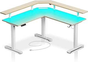 Rolanstar Standing Desk L Shaped with LED Light and Power Outlet, Electric Height Adjustable Desk with Monitor Stand, Sit Stand Up Desk, Computer Office Desk, Beige