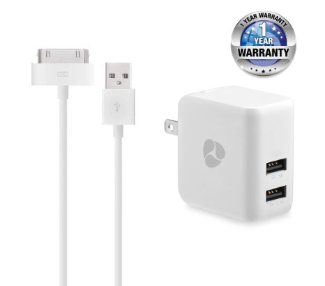 CE-Link 3.1A Dual Port High Speed USB Wall Charger Power Adapter with Extra Long 30 Pin Charging Cable Power Cord for iPhone 4s,iPod Touch 3/4, iPad 2/3