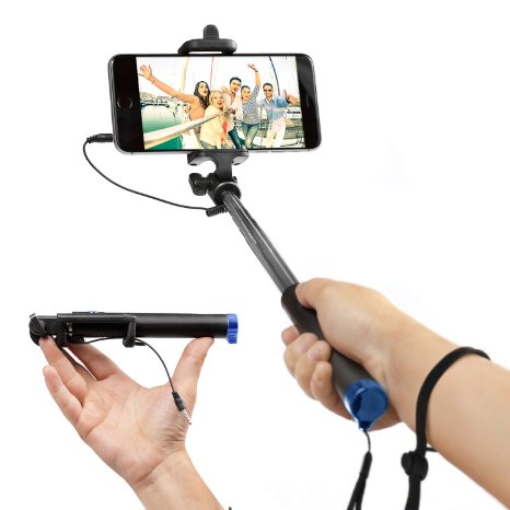 EEZ-Y Foldable Selfie Stick w/ Wired Connectivity - Portable & Battery Free - Seamlessly Connects via Cable with iPhone Samsung Sony Lg Nexus Devices - Perfect Pictures at the Perfect Time (Blue)