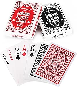 LotFancy Playing Cards 2 Pack, Large Print, Jumbo Index Decks of Cards (1 Black 1 Red), Poker Size, for Texas Hold'em, Blackjack, Euchre Cards Games