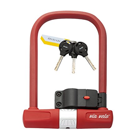 Via Velo Bike U-Lock RED with Hexagonal PVC Cover, Mounting Bracket and 3 Multi-Function Keys