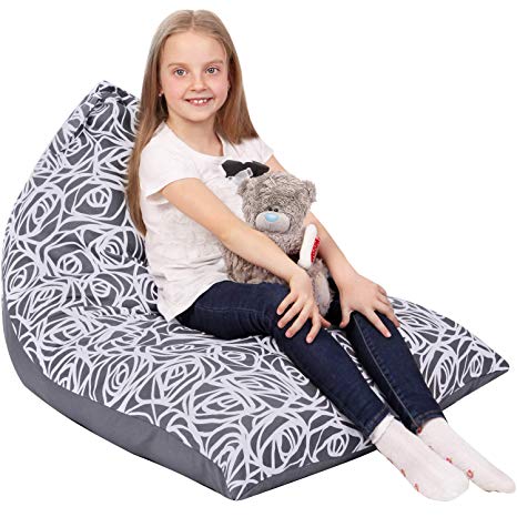 5 STARS UNITED Stuffed Animal Storage Bean Bag - Cover Only - Large Triangle Beanbag Chair for Kids - 180+ Plush Toys Holder - Floor Pillows Organizer for Girls - 100% Cotton Canvas - Gray Roses