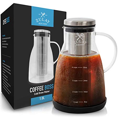 Airtight Cold Brew Coffee Maker with EXTRA-THICK Glass Carafe, Stainless Steel Mesh Filter and Non-Slip Silicone Base - Premium Iced Coffee Maker, Cold Brew Pitcher & Tea Infuser - by Zulay