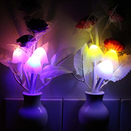 2PCS Kids Night light , Romantic Color Changing Plug In LED Flower Vase Mushroom Nightlight Wall Lights