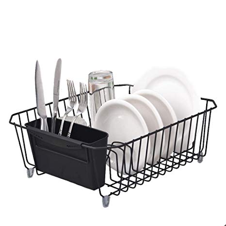 VCCUCINE Contemporary Kitchen Metal Wire Dish Drying Rack, Dish Rack with Utensil Organizer Holder- 14"X 12.4"X 5", Black