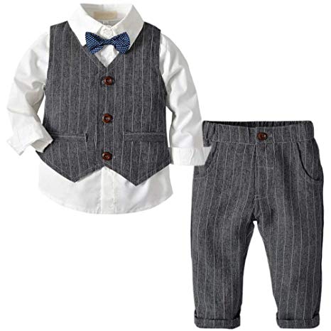 ARTMINE Toddler & Little Boy 3-Piece Vest Set with Bow Tie Dress Shirt, Pants and Vest, 6 Months-6 Years