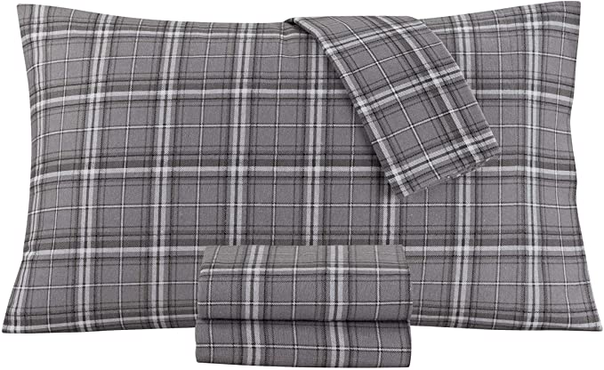 DELANNA Flannel Sheet Set 100% Cotton (Queen, Grey Plaid)