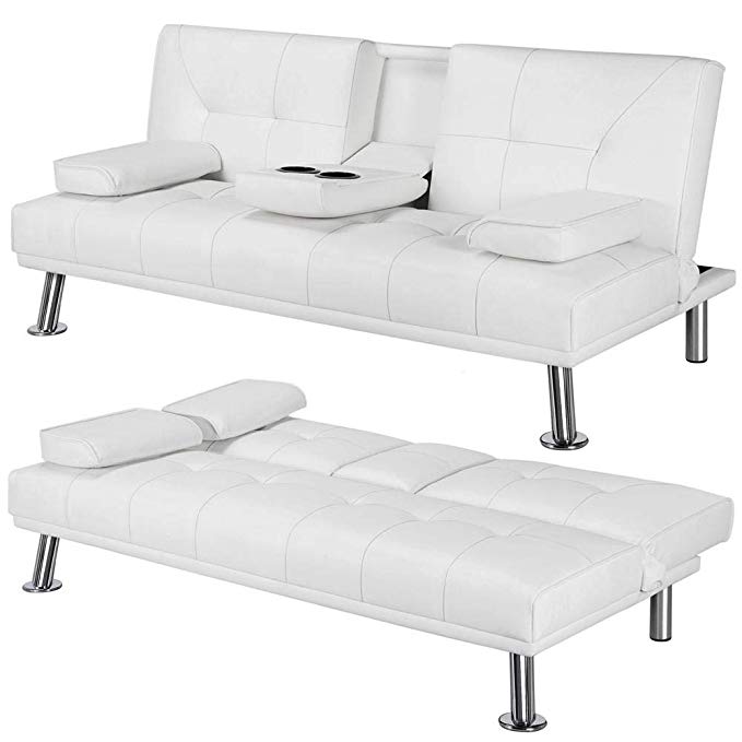 Yaheetech Futon Sofa Bed Sleeper Sofa Modern Faux Leather Futon Convertible Sofa with Armrest Home Recliner Couch Home Furniture White