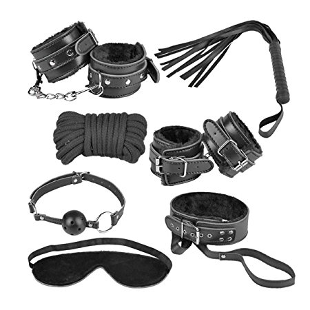 AKStore Bondage System Leather Set For Male Female Couple, 7 Pieces, Black