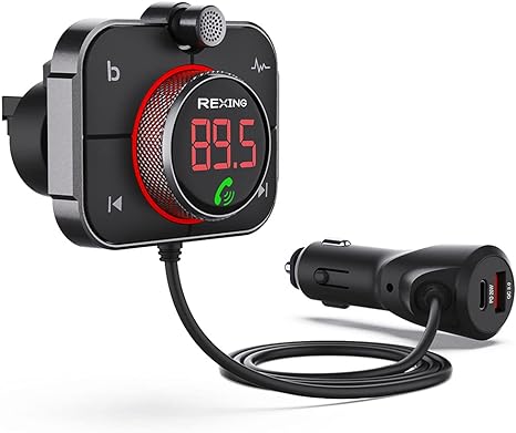 Rexing FMT2 FM Transmitter Car Charger w/Bluetooth 5.0, MicroSD Port, Wireless Audio Adapter USB & Type C, Quick Charge 3.0, Enhanced Bass Music Player, Hands-Free Calling, Siri&Google Assistant