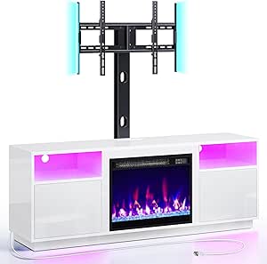 Rolanstar Fireplace TV Stand with Led Lights and Power Outlets, Entertainment Center with Electric Fireplace, Swivel TV Stand Mount for 45/55/60/65 inch TVs, Height Adjustable TV Console, White