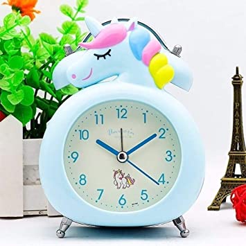 Bell Alarm Clock with Night Light, Silent Clock and Battery Operated, Easy to Set, Cute Unicorn Decorative for Girls, Students Bedroom - Blue