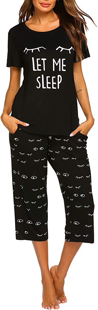 MAXMODA Women's Capri Pajama Set Printed Short Sleeve Sleepwear Pjs Sets with Pocket