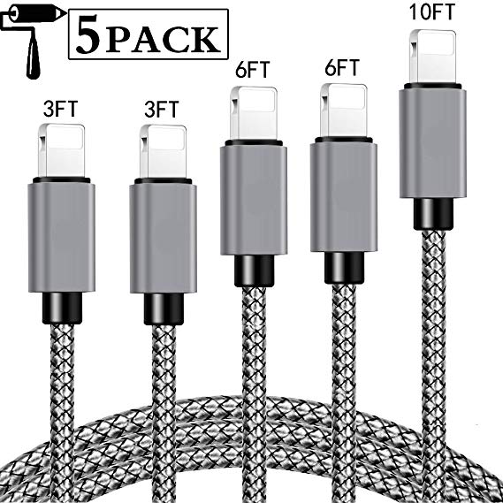 MFi Certified iPhone Charger Lightning Cable 5Pack[3/3/6/6/10FT] Extra Long Nylon Braided USB Charging & Syncing Cord Compatible iPhone Xs/Max/XR/X/8/8Plus/7/7Plus/6S/6S Plus/SE/iPad/Nan Charms More