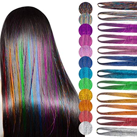 Hair Tinsel, Hair Tinsel Strands Kit, Tinsle Hair Extensions, 47 Inches 12 Colors Hair Tinsel Kit 1800 Strands Sparkling Shiny Fairy Hair Kit