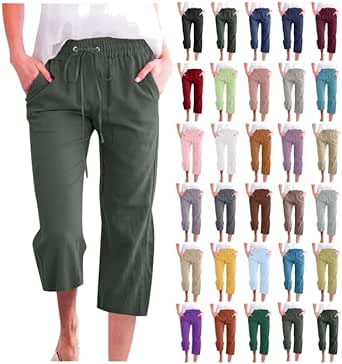 Capri Pants for Women Casual 2024 Summer Drawstring Elastic High Waist Linen Pants Straight Wide Leg Plus Size Lounge Capris