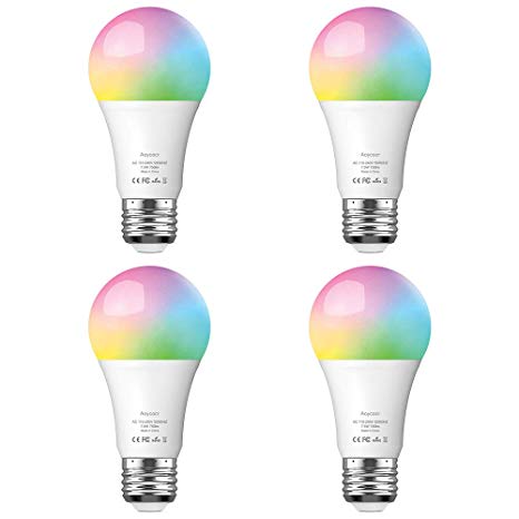 Aoycocr Smart Bulb, Dimmable E26 LED Light Bulb Compatible with Amazon Alexa Google Home Assistant and IFTTT, No Hub Require, Wi-Fi, 75W Equivalent, A19 RGB Multicolor Bulb 7.5W, 4 Pack