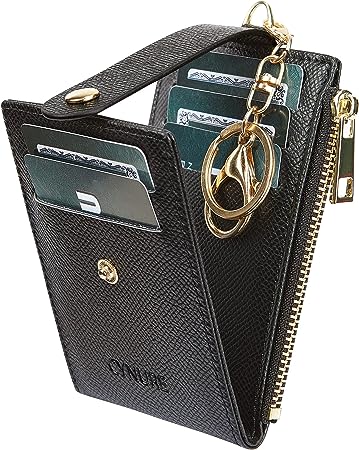 Women & Men Leather Keychain Card Holder Slim Small Zipper Front Pocket Wallet with 2 ID Window, Black